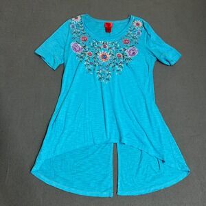 V Cristina Tunic Women Medium Blue Embroidered Floral High Low Back Slit Top